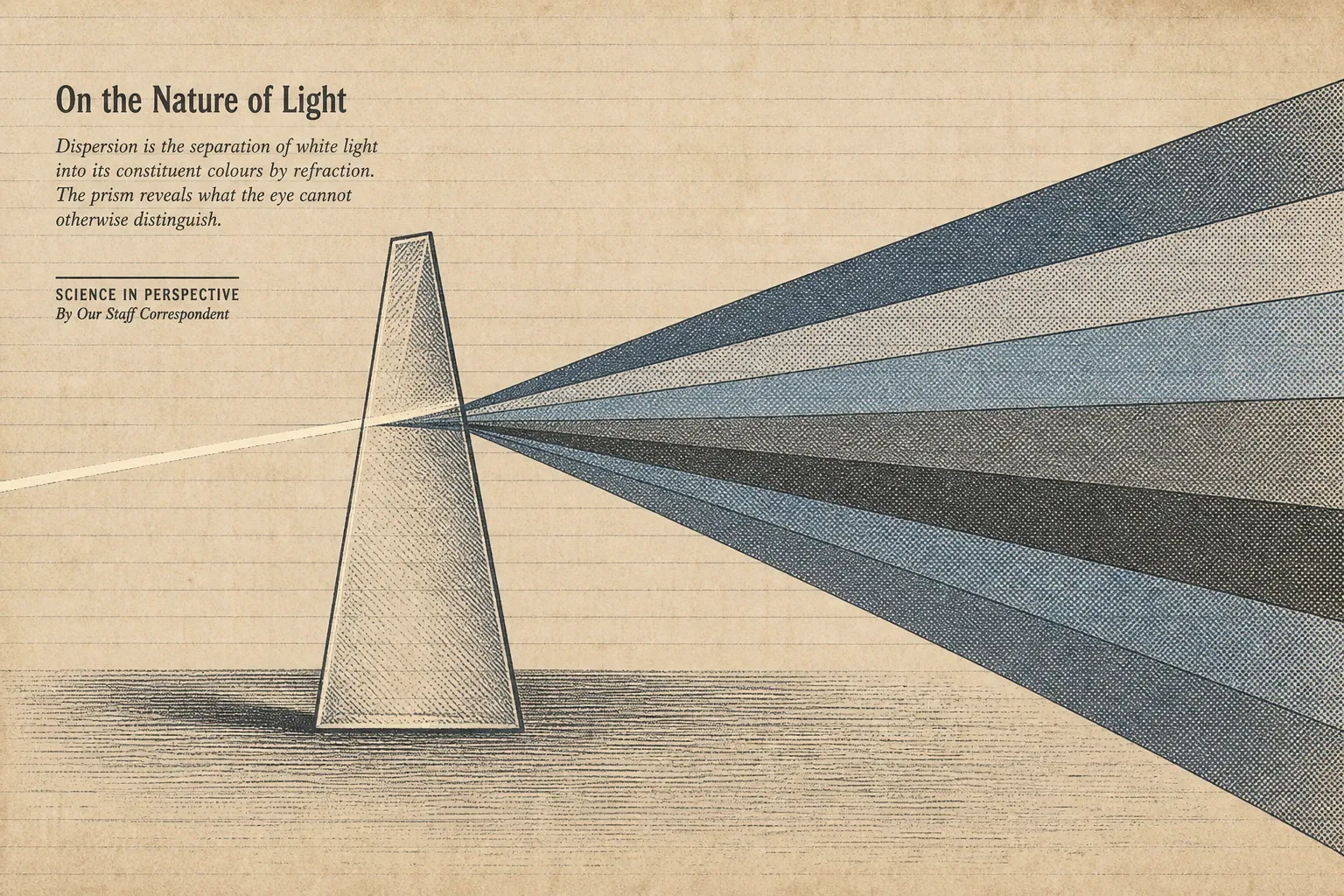 An engraved newspaper diagram of a narrow beam of light passing through a glass wedge and fanning out into separated bands.