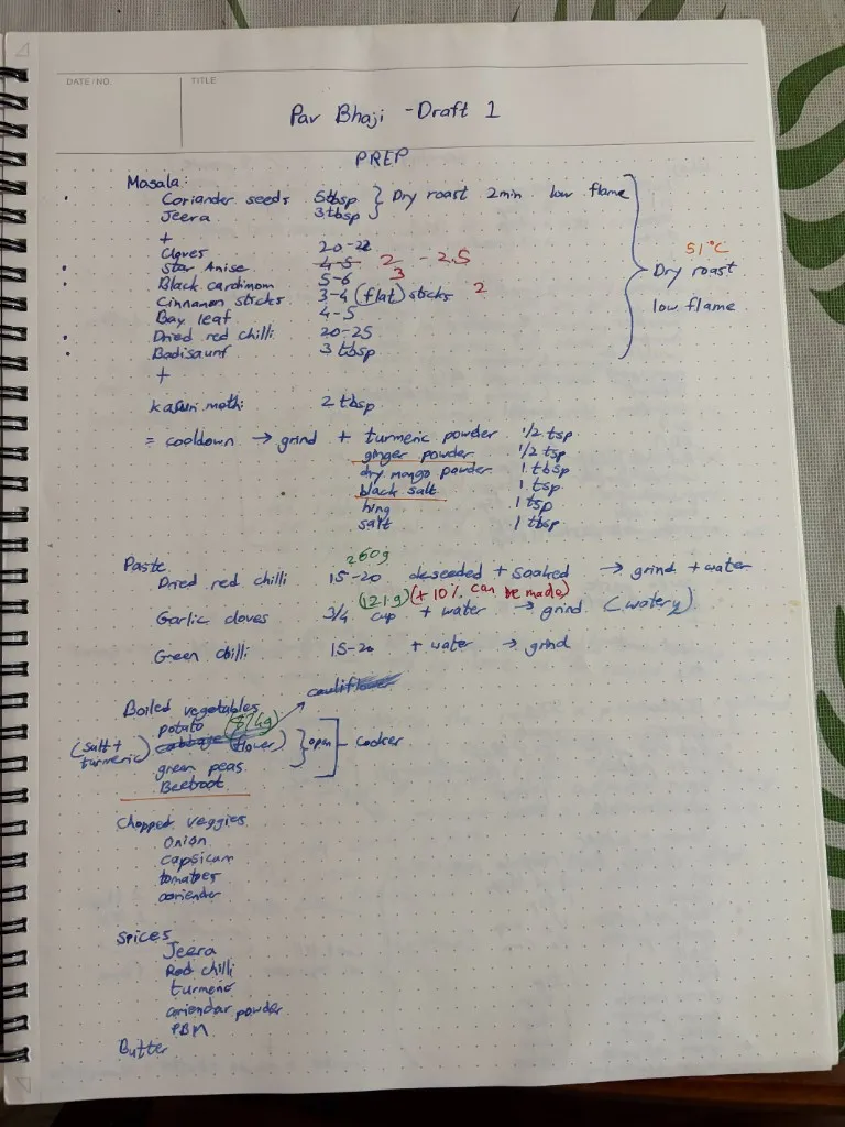 Notebook page for pav bhaji prep — homemade masala, pastes, and boiled vegetables
